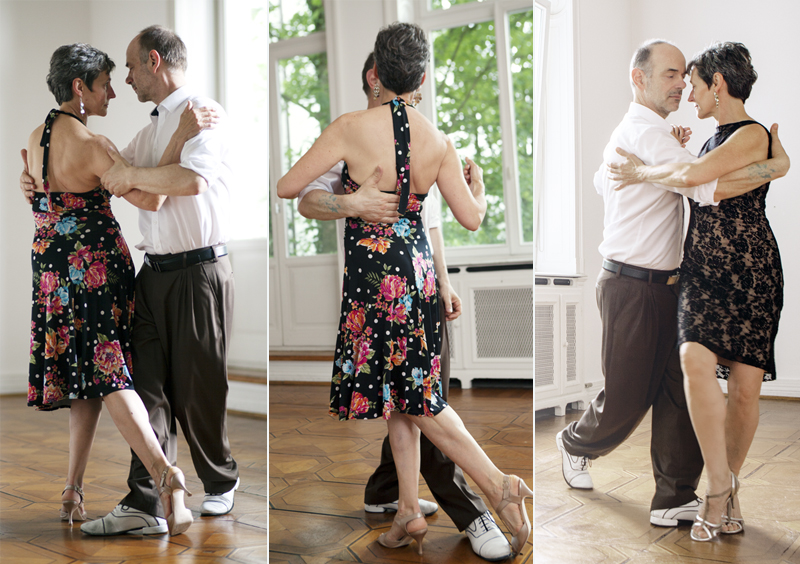 Drei Aufnahmen eines Paares beim Tango Argentino